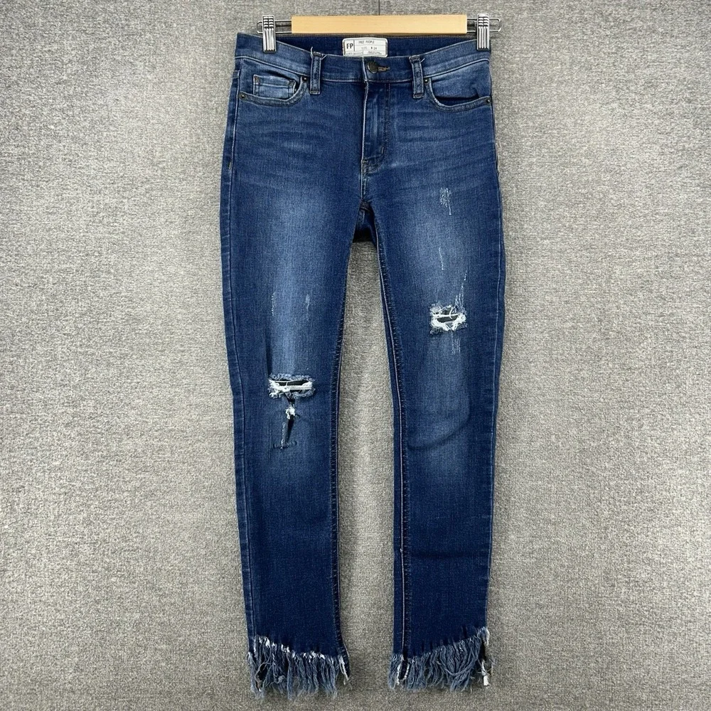 Free People Skinny Jeans Women Size 24 Blue denim Distressed Raw Hem Low Rise